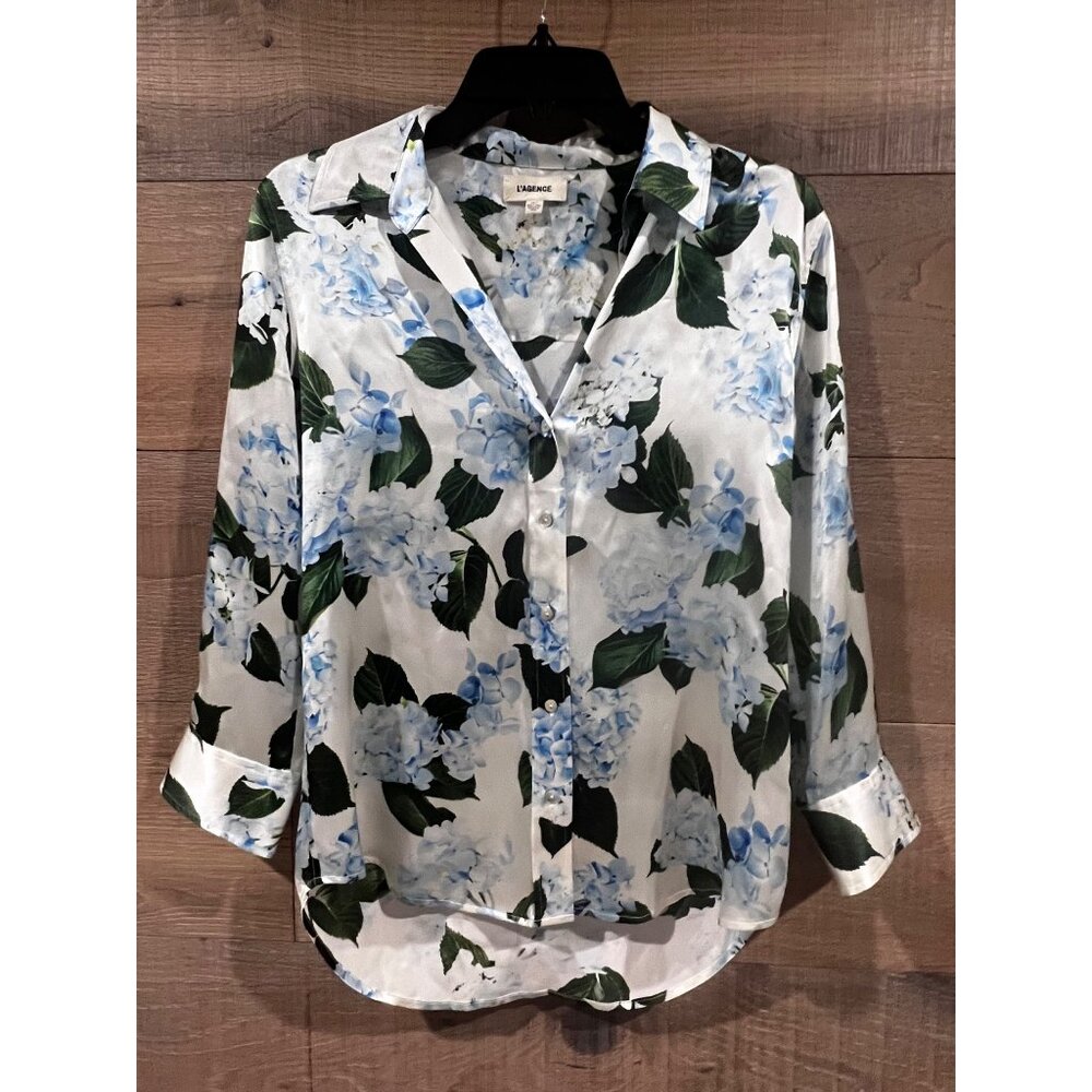 L'Agence DANI SILK IVORY/LIGHT BLUE HYDRANGEA BLOUSE TOP SIZE XS - Picture 3 of 10